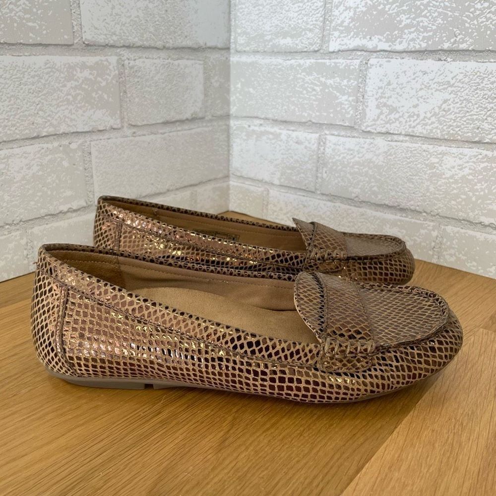 Vionic Larrun Loafer Womens Size 6 Gold Bronze Metallic Snake Slip On Shoe Comfo